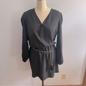 Cache Long Sleeve Dress with Leather and Metal Chain Belt- Black- Size 10